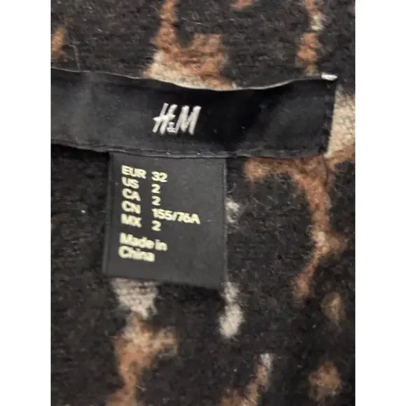 HM Womens Leopard Print Wool Blend Double Breasted Pea Coat Brown Black Size 2 - Picture 2 of 6